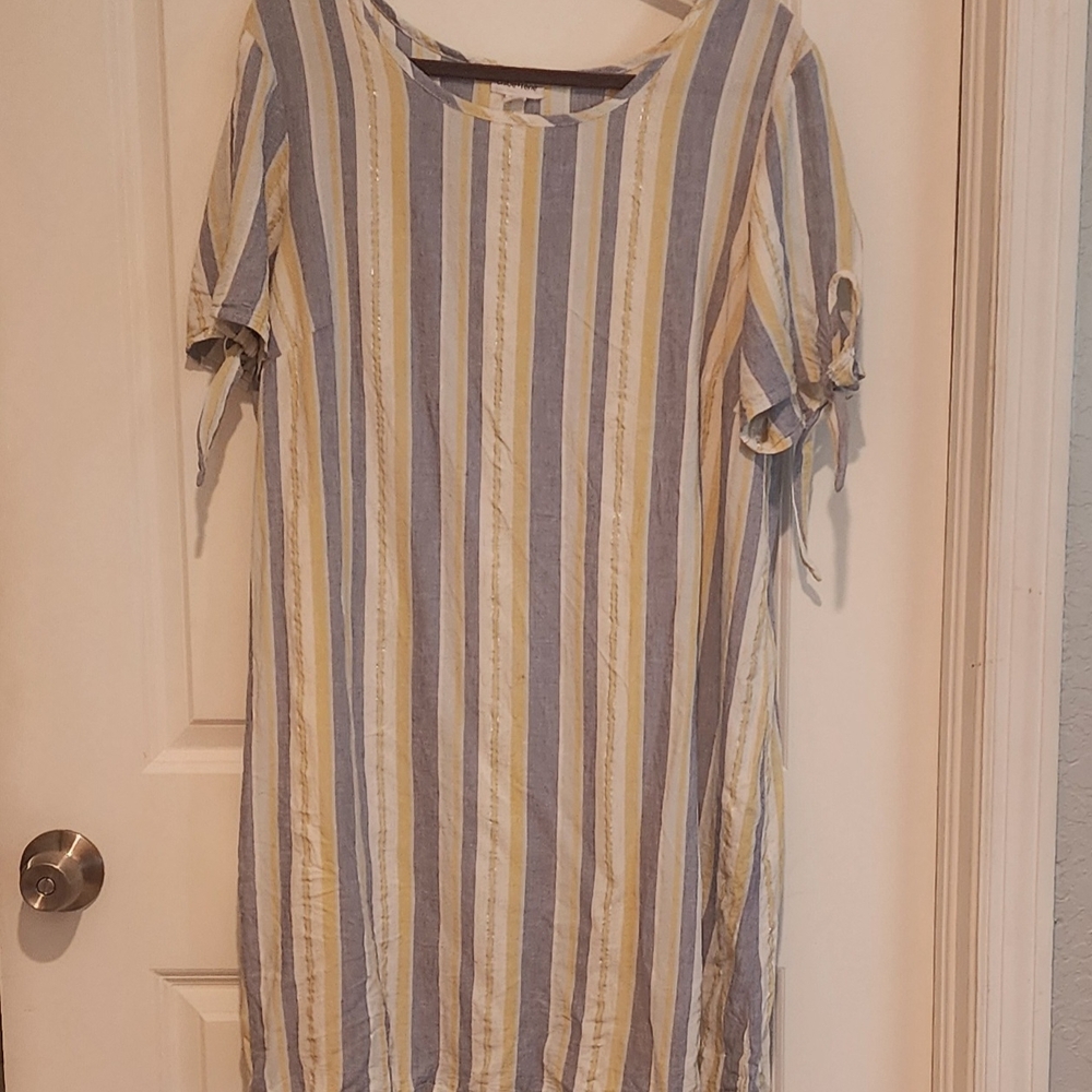 CLOE+RENE Womans Striped Midi Dress Linen Blend Blue/Yellow Tie Sleeve Sheath